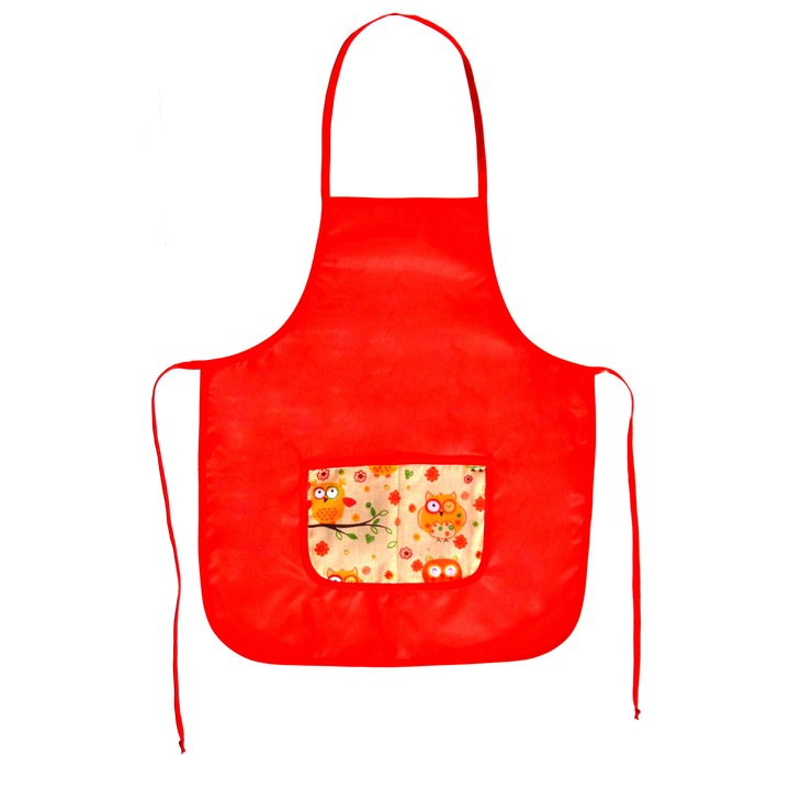 Sort bucatarie copii, handmade, Atelier Diversis, fas impermeabil, rosu, cu buzunar bufnite, M