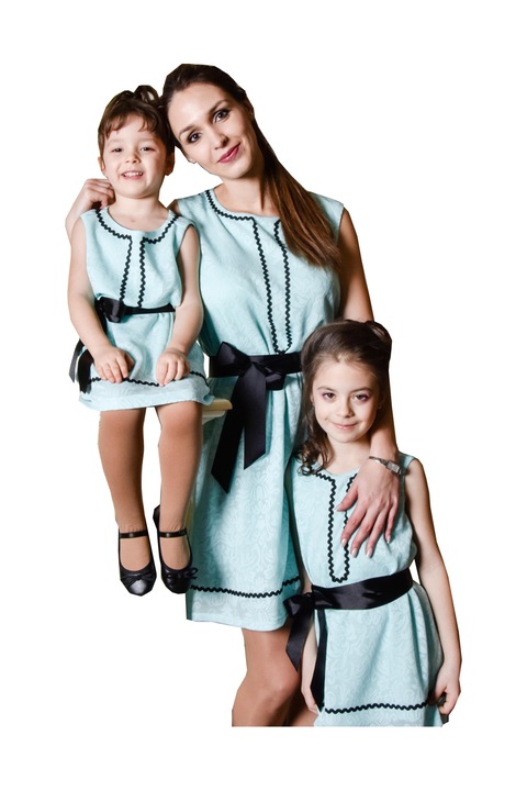 Set rochie mama-fiica, Indigo Kreation, verde mint, cu detalii traditionale, Verde menta