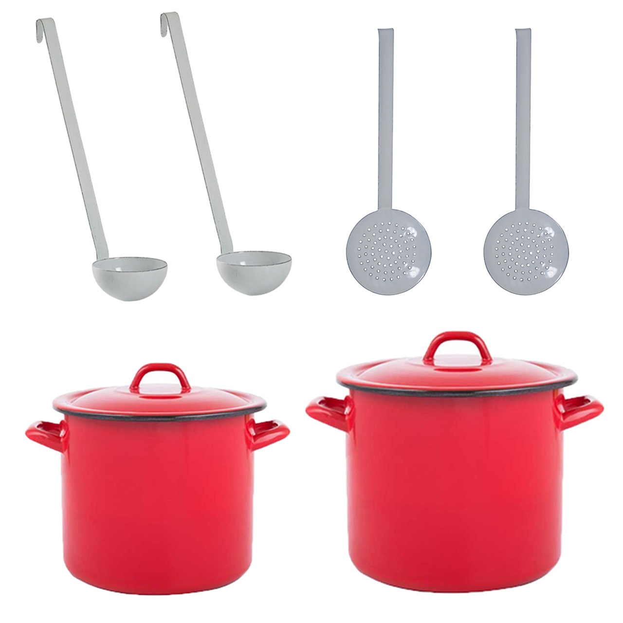 Pachet - 2 x Oala emailata cu capac (10L, 15L) + 2 x Polonic + 2 x Spumiera