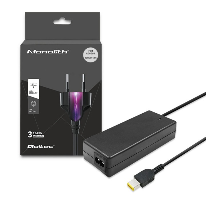 Incarcator Laptop Qoltec 90W 20V 4.5A Conector Slim Tip + Pin pentru Lenovo, Adaptor de Alimentare cu Cablu si Velcro, Solutie Durabila Si Eficienta, Negru