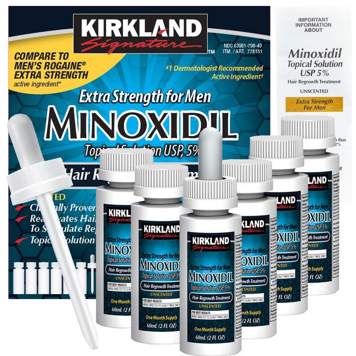 Лечение на косопад, Kirkland Minoxidil 5%, локално решение, Пакет 6 месеца (6x 60 мл)