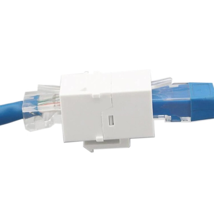 Adaptor / Mufa de prelungire cablu retea cat 6 alb, UTP / FTP / RJ45, Active, mama-mama, prelungitor cablu internet cat.6 gigabit coupler, mufa trecere contacte aurite
