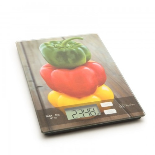 Cantar de bucatarie alb cu motiv - gogosari, cu taler din sticla, butoane tactile, decuplare automata, limita masurare 5 kg