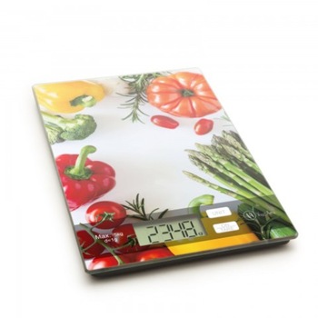 Cantar de bucatarie alb cu motiv - legume, cu taler din sticla, butoane tactile, decuplare automata, limita masurare 5 kg Cantar de bucatarie alb cu motiv - legume, cu taler din sticla, butoane tactile, decuplare automata, limita masurare 5 kg