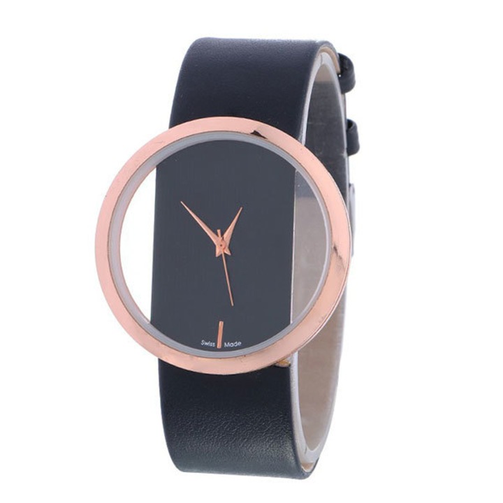 Ceas Geneva Dama Quartz Elegant Rosegold-negru, PN999218RNU, curea din piele, afisaj Analog