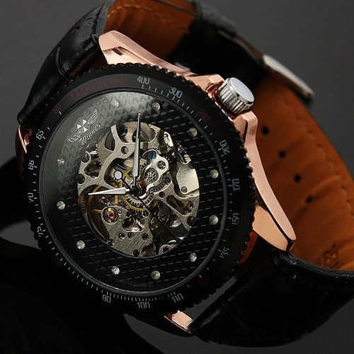Ceas Unisex Automatic Winner Casual Elegant Negru, CP9127NU, curea din piele, afisaj analog