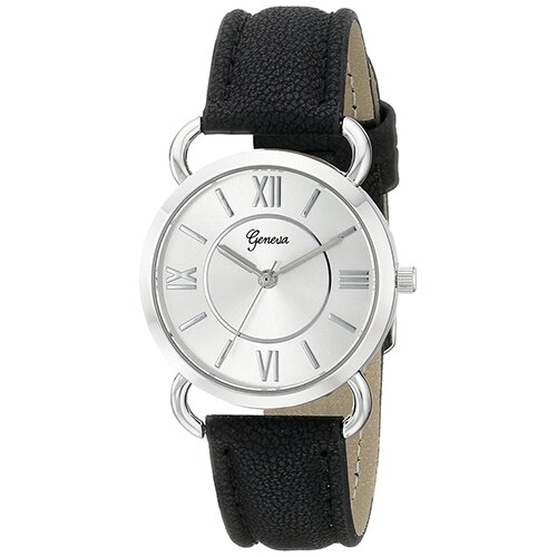 Ceas Geneva Dama Quartz Casual Elegant Silver-negru, PN999720SNU, curea din piele, afisaj Analog