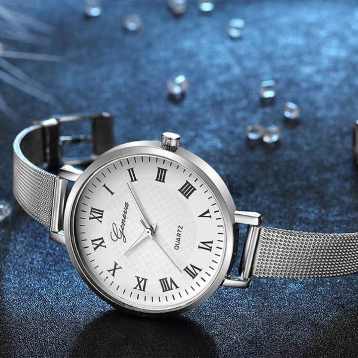 Ceas Dama Quartz Geneva Casual Elegant Silver-alb, CP99300SAB, curea din metal (mesh), afisaj analog