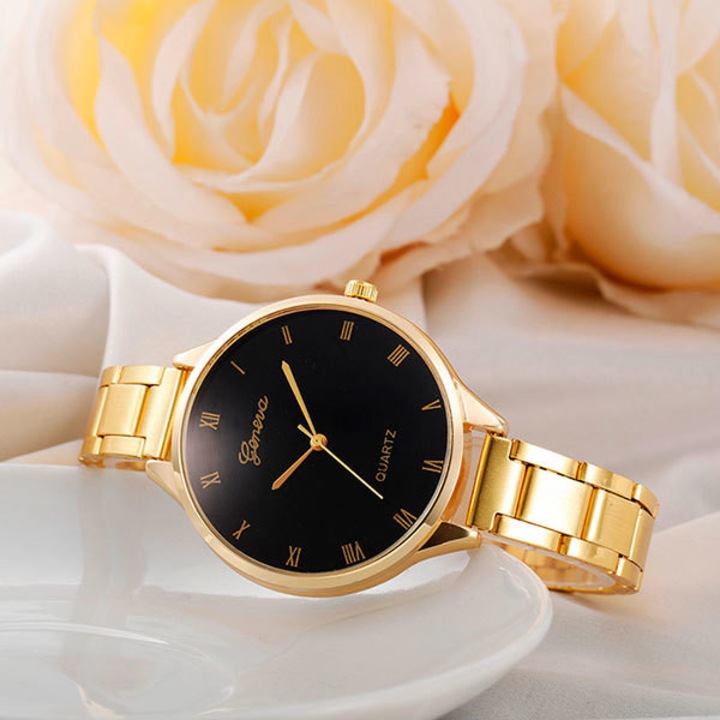 Ceas Dama Quartz Geneva Casual Elegant Gold-negru, CP9965GNU, curea din metal (zale), afisaj analog