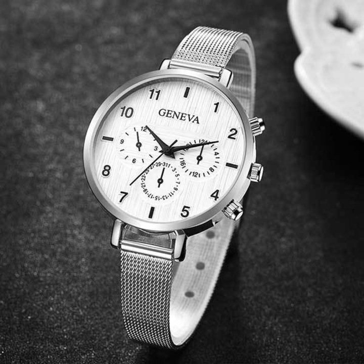 Ceas Dama Quartz Geneva Casual Elegant Silver-alb, CP99393SAB, curea din metal (mesh), afisaj analog