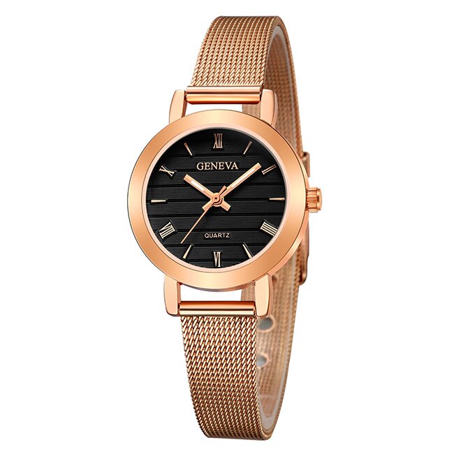 Ceas Dama Quartz Geneva Casual Elegant Rosegold-negru, CP99256RNU, curea din metal (mesh), afisaj analog