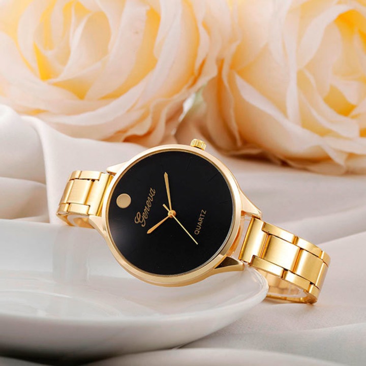 Ceas Dama Quartz Geneva Casual Elegant Gold-negru, CP9971GNU, curea din metal (zale), afisaj analog