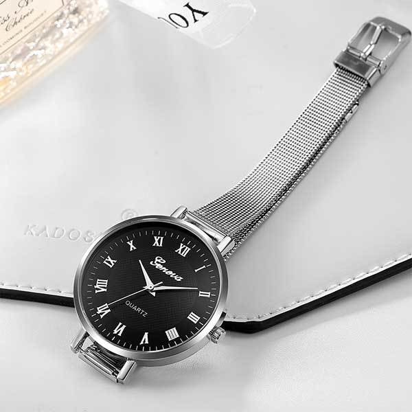Ceas Dama Quartz Geneva Casual Elegant Silver-negru, CP99416SNU, curea din metal (mesh), afisaj analog