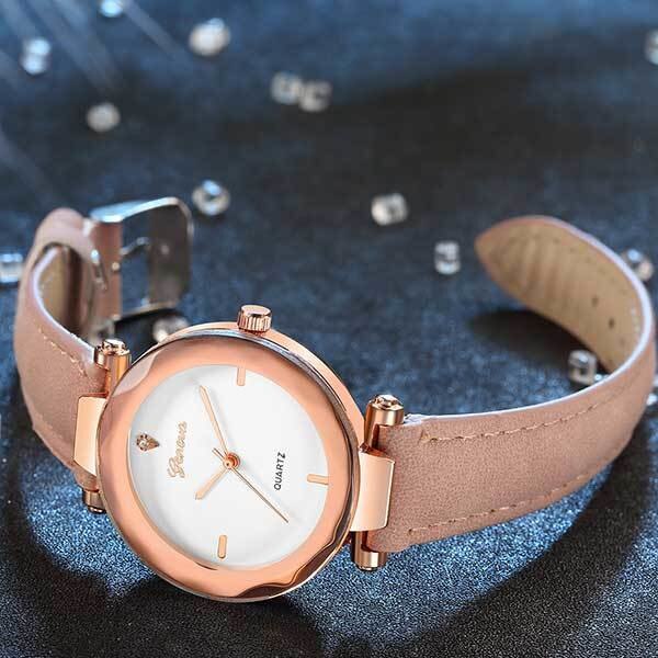 Ceas Dama Quartz Geneva Casual Elegant Roz, CP99255RZ, curea din piele, afisaj analog