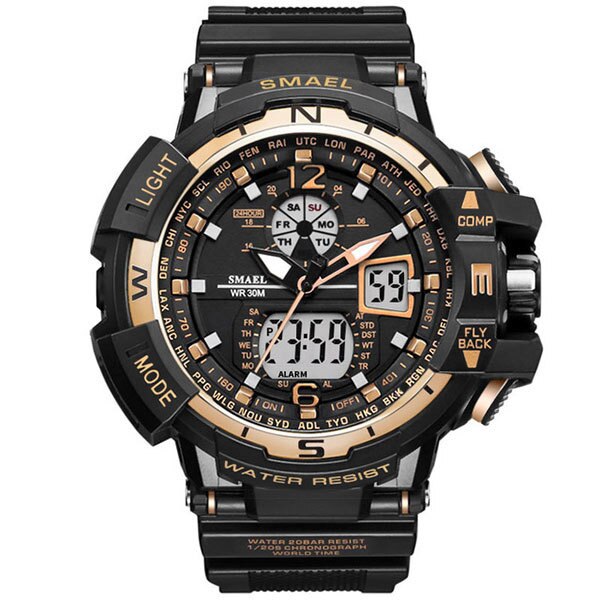 Ceas Unisex Quartz SMAEL Sport Gold-negru, CP9982GNU, curea din silicon, afisaj analog-digital
