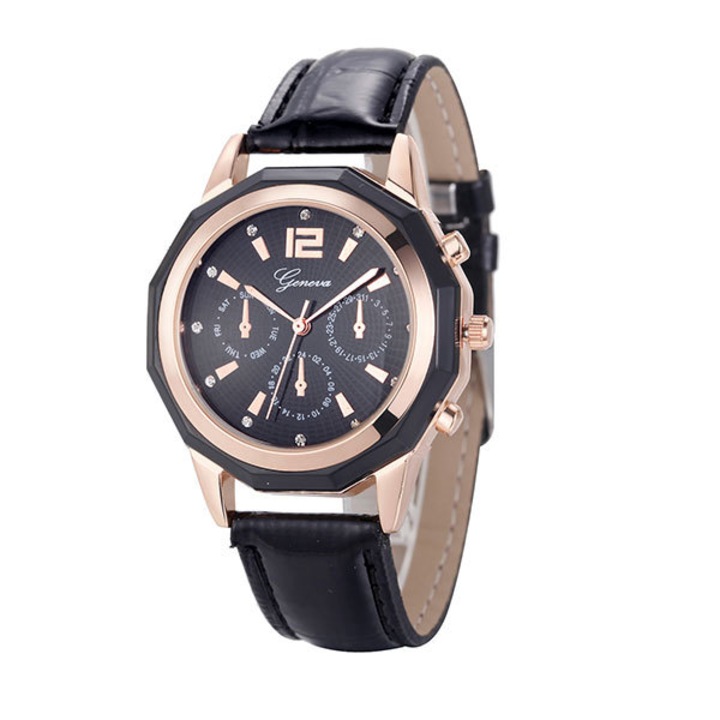 Ceas Geneva Dama Quartz Casual Elegant Negru, PN999992NU, curea din piele, afisaj Analog