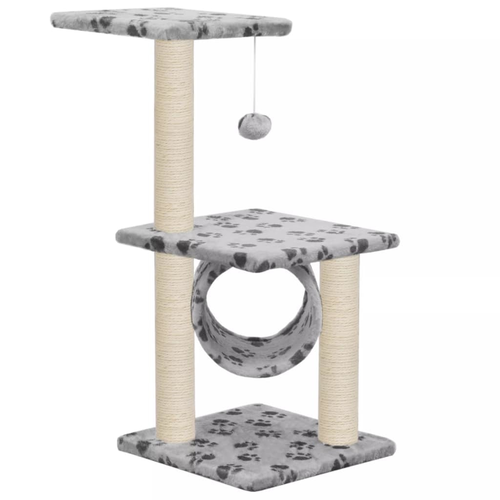 Ansamblu de joaca pentru pisici, vidaXL, Plus, stalpi funie de sisal, 65 cm, Gri, imprimeu labute