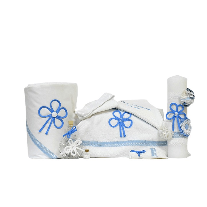 Set - trusou, paturica, lumanare si cufar pentru botez biserica, Odorul Mamei, ALB-Noroc Bleu, unicat, cu aplicatii handmade - set 10 piese