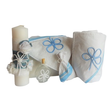 Set - trusou, paturica, lumanare si cufar pentru botez biserica, Odorul Mamei, ALB-Noroc Bleu, unicat, cu aplicatii handmade - set 10 piese Set - trusou, paturica, lumanare si cufar pentru botez biserica, Odorul Mamei, ALB-Noroc Bleu, unicat, cu aplicatii handmade - set 10 piese