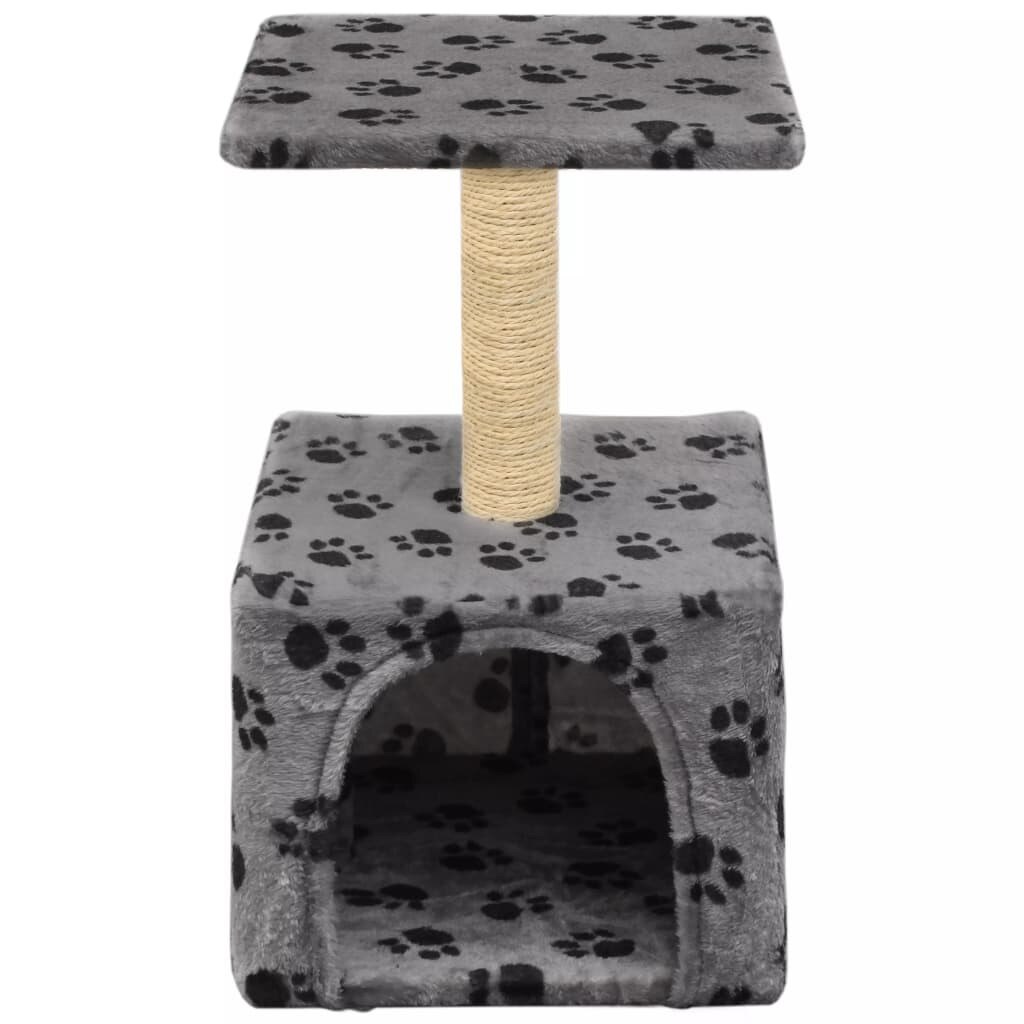 Ansamblu de joaca pentru pisici, vidaXL, Plus, 55 cm, Gri, stalp cu funie de sisal, imprimeu labute