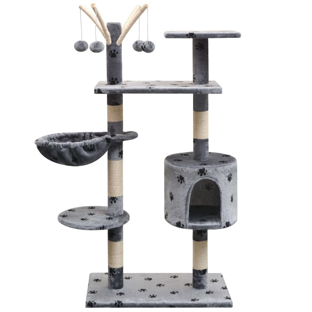 Ansamblu de joaca pentru pisici, cu 1 casuta si imprimeu de labute, vidaXL, Plus, 96 x 35 x 125 cm, Gri