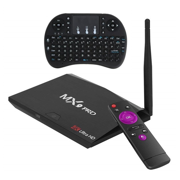 Mini PC TV Box MX9 Pro, 4K, Quad-Core, 4GB RAM, 32GB, WiFi dual band 2.4/5 GHz, Bluetooth, USB 3, HDMI, Android 8.1, Mini Tastatura wireless iluminata 7 culori, Router wireless, Antena WiFi, CONFIGURAT cu aplicatii pentru TV, filme, Consultanta gratuita