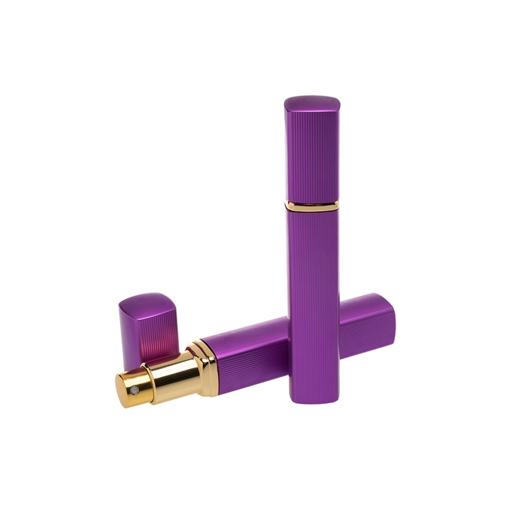 Recipient cosmetic cu pulverizator tip spray DROPY®, pentru uleiuri esentiale sau parfumuri, 12 ml Square, mov