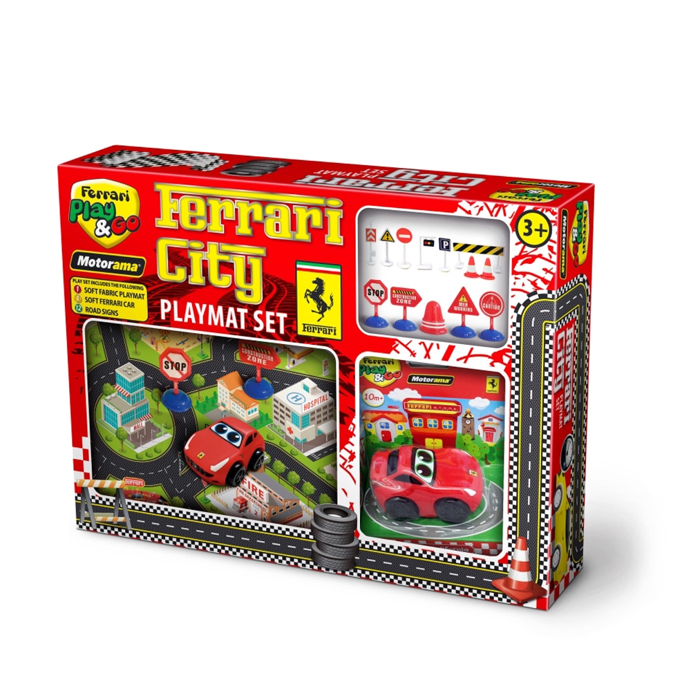 Set de joc Ferrari City 502163, City of cars, inclusiv un covor mare de dimensiuni 80x70cm, Rosu