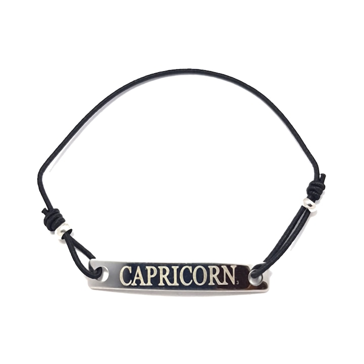 Bratara neagra cu snur ajustabil si placuta gravata cu zodia capricorn