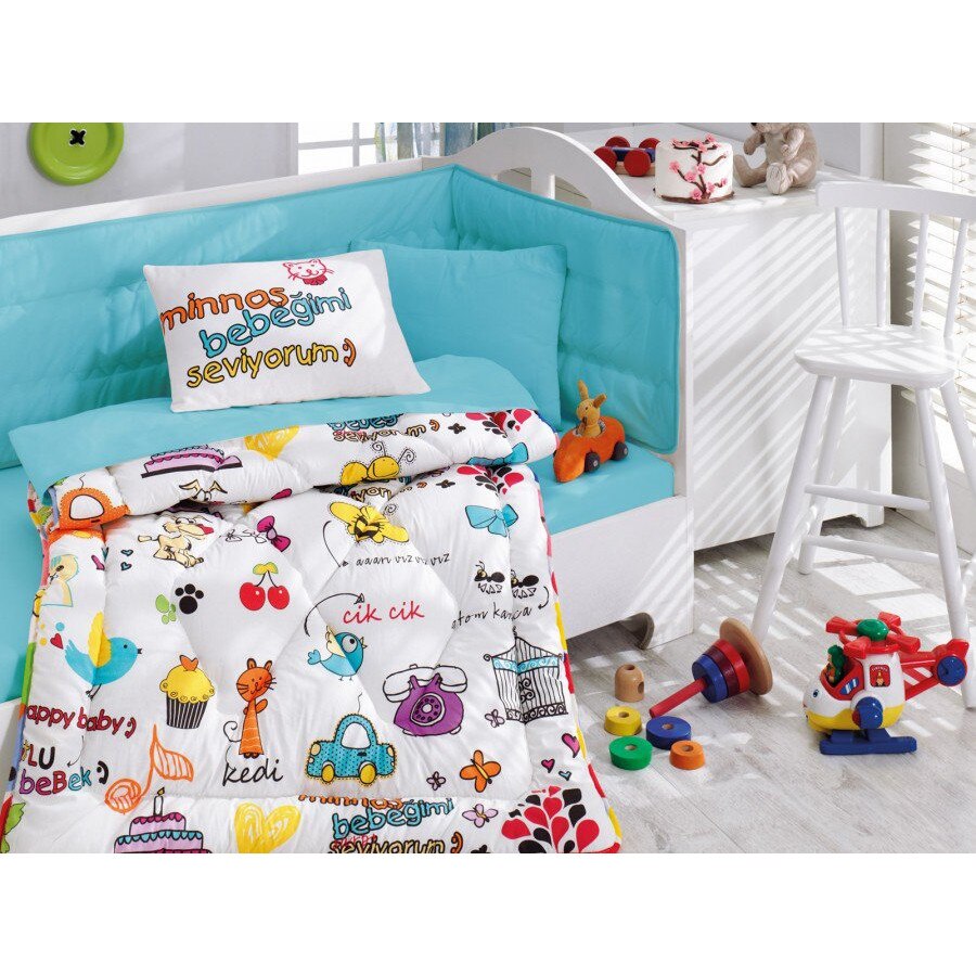 Set dormit pentru bebelusi, cu protectie pt patut,6 piese, bumbac 100% ranforce, Mutlu Bebek White