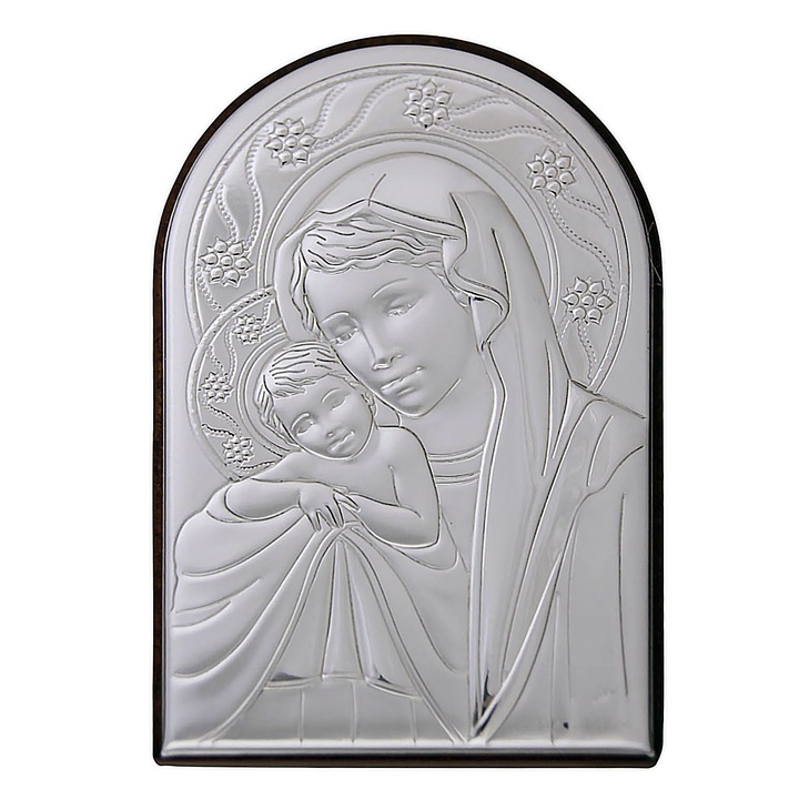 Icoana placata cu argint - Fecioara Sfanta cu pruncul Iisus in brate - Flori si stele, furnir, arcada, 2/5