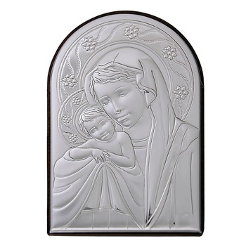 Icoana placata cu argint - Fecioara Sfanta cu pruncul Iisus in brate - Flori si stele, furnir, arcada, 2/5 Icoana placata cu argint - Fecioara Sfanta cu pruncul Iisus in brate - Flori si stele, furnir, arcada, 2/5