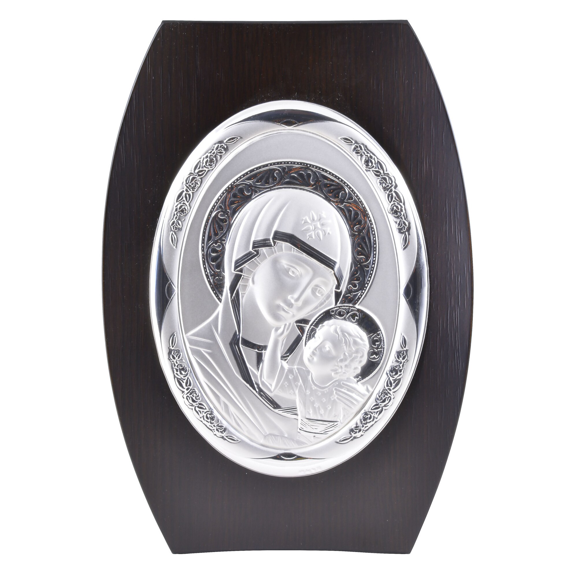 Icoana placata cu argint in lemn de culoare neagra - Maria cu pruncul - Ortodox, oval, 18*26 cm, 2/2