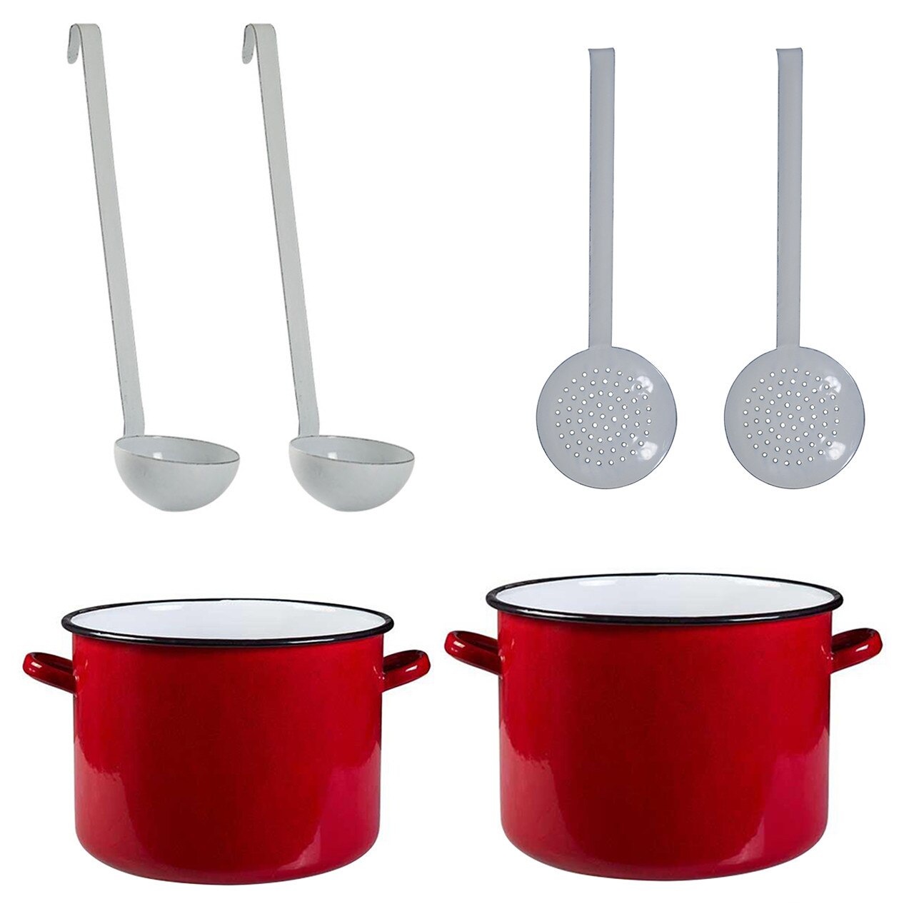 Pachet - 2 x Oala emailata fara capac (10L, 15L) + 2 x Polonic + 2 x Spumiera