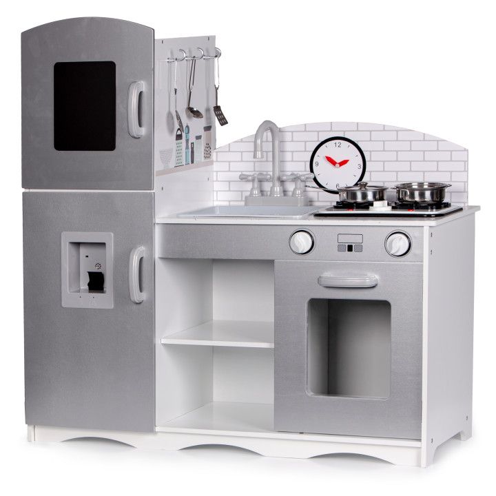 Bucatarie XXL mulimedia din lemn pentru copii, frigider, cuptor si aragaz, 5 ustensile de gatit, 86 x 82 x 30 cm