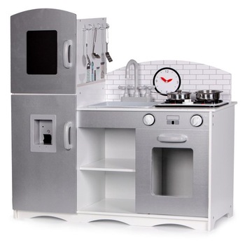 Bucatarie pentru copii din lemn si 5 ustensile din metal+cuptor, frigider, chiuveta, rafturi si ceas, 86x82x30 cm Bucatarie pentru copii din lemn si 5 ustensile din metal+cuptor, frigider, chiuveta, rafturi si ceas, 86x82x30 cm