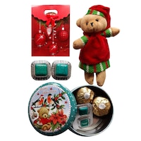 Pachet Cadou cu cercei din turquoise, bomboane Ferrero Rocher, ursulet de plus, cutie si punga cadou