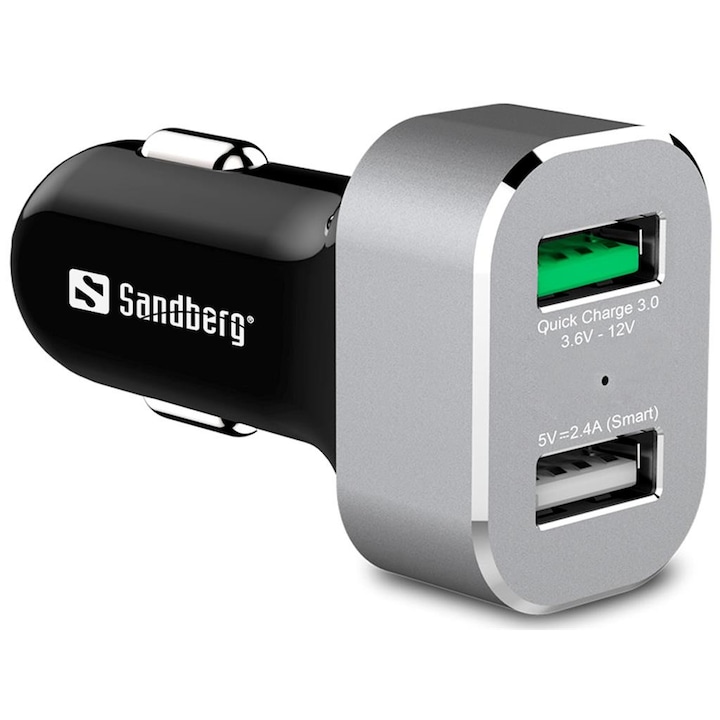Зарядно устройство за кола Sandberg, 1xQC 3.0, 1xUSB 2.4A