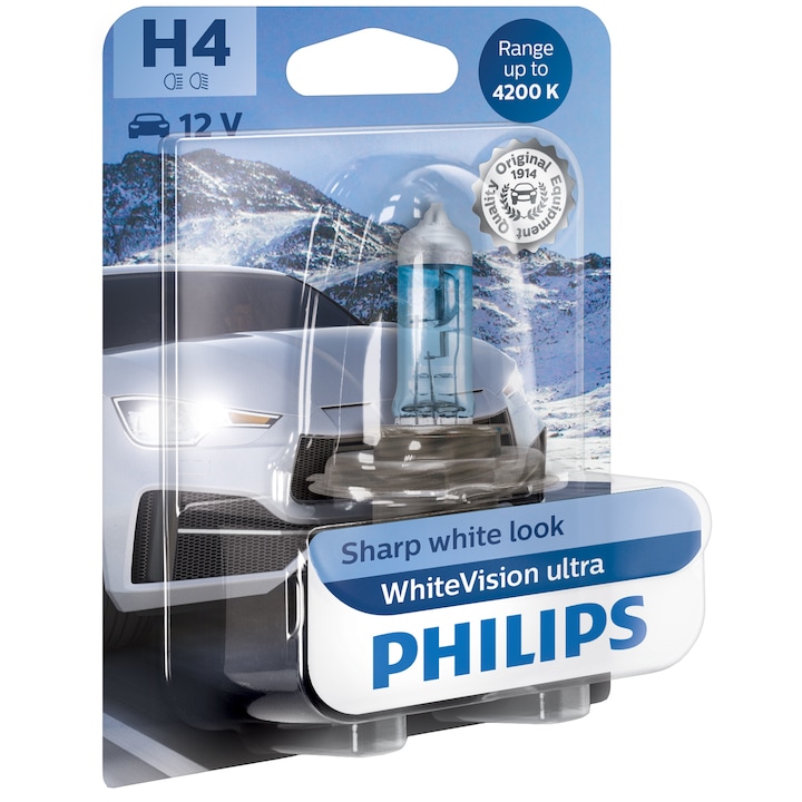 Bec auto PHILIPS White Vision Ultra H4 12V 60/55W P43T-38 Blister 1buc