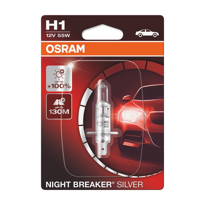Osram H1 Night Breaker Silver +100% Halogén fényszóró izzó, 55W, 12V, P14.5S, buborékfólia, 1db
