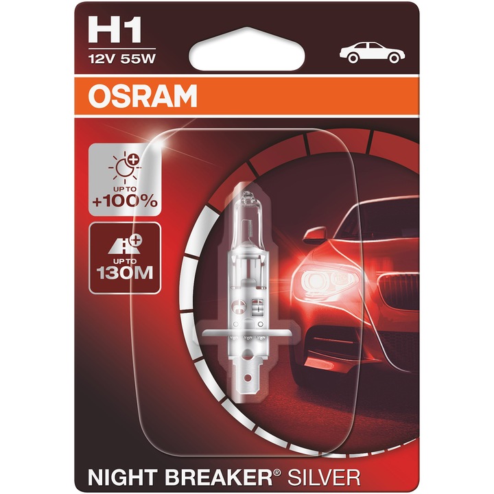 Bec auto far halogen Osram H1 Night Breaker Silver +100%, 55W, 12V, P14.5S, blister 1buc