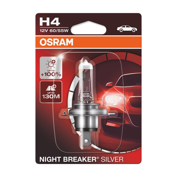 Bec auto far halogen Osram H4 Night Breaker Silver +100%, 60/55W, 12V, P43T, blister 1buc