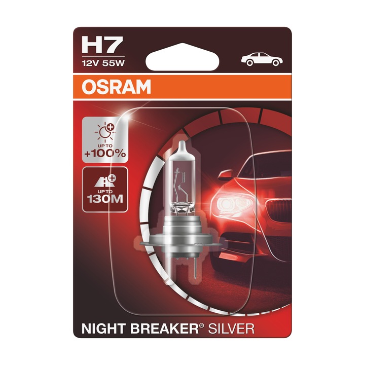 Bec auto far halogen Osram H7 Night Breaker Silver +100%, 55W, 12V, PX26D, blister 1buc