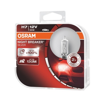 Set 2 becuri auto cu halogen Osram H7 Night Breaker Silver +100%,55W, 12V, PX26D Set 2 becuri auto cu halogen Osram H7 Night Breaker Silver +100%,55W, 12V, PX26D