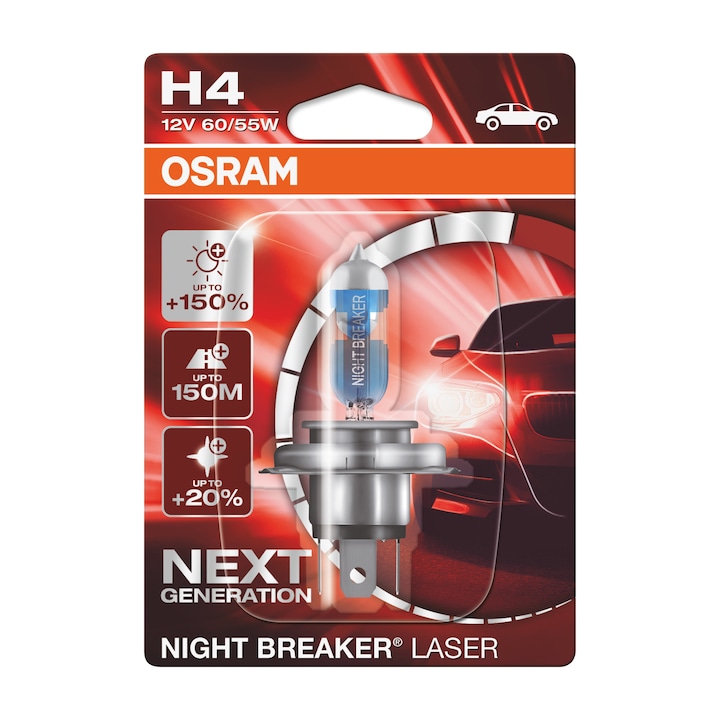 Bec auto far halogen Osram H4 Night Breaker Laser Next Gen +150%,60/55W, 12V, P43T, blister 1buc
