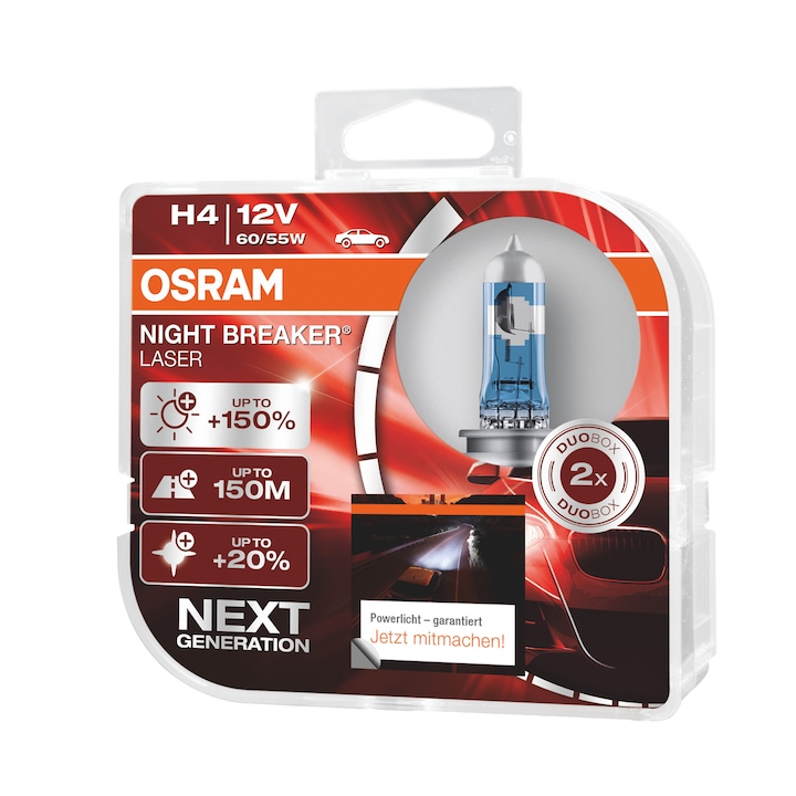 Osram H4 Night Breaker Laser Next Gen +150% Halogén fényszóró izzó, 2 darab, 60/55W, 12V, P43T