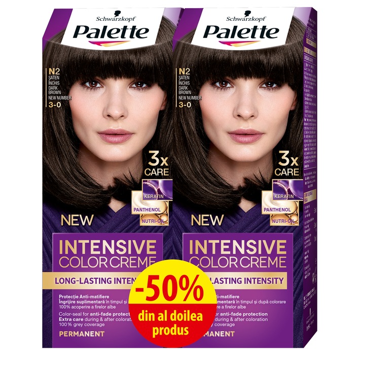 Pachet: 2 x Vopsea de par permanenta Palette Intensive Color Creme N2 Saten inchis, 2 x 110 ml