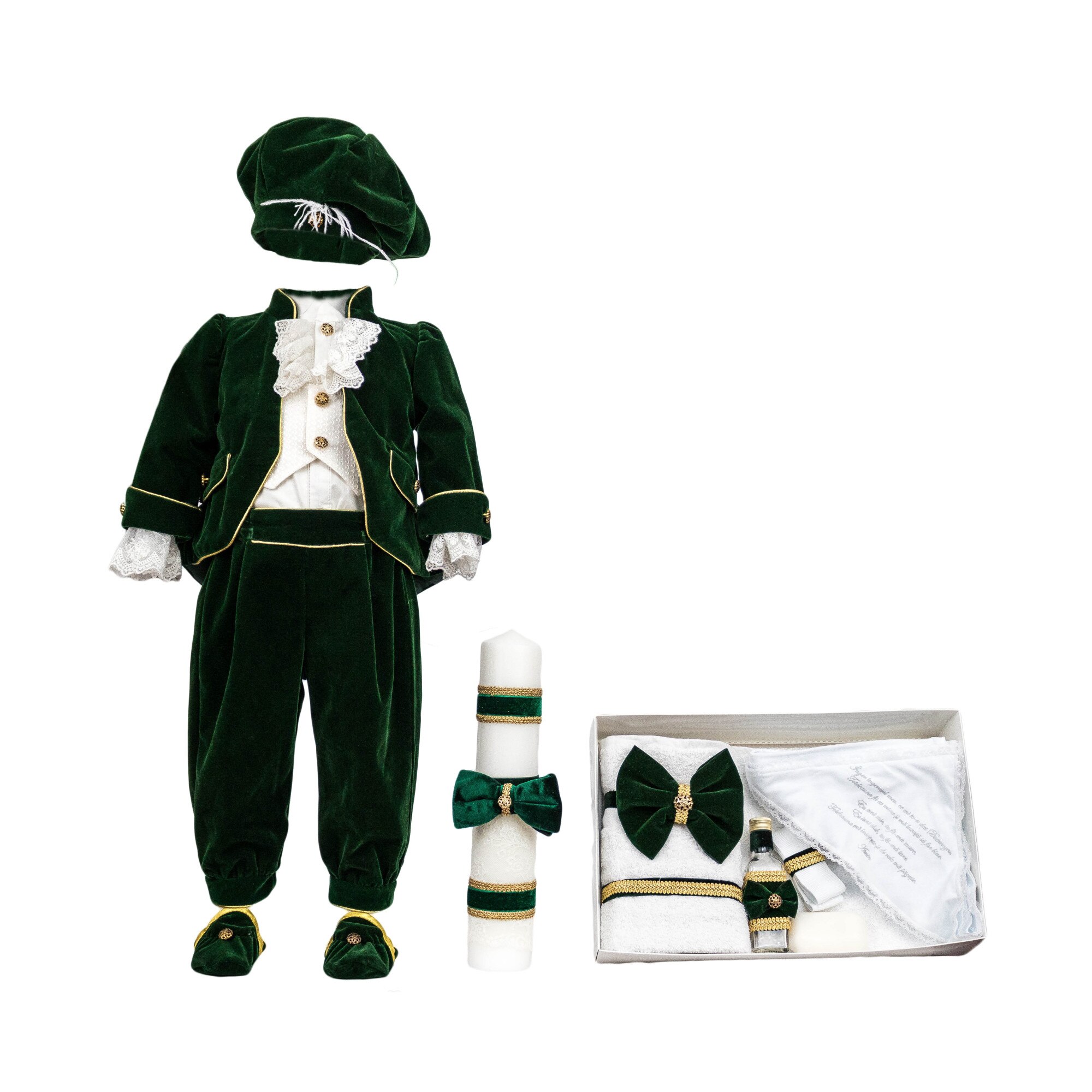 Set botez Printul Fericit din catifea verde, trei piese, varsta 6-9 luni