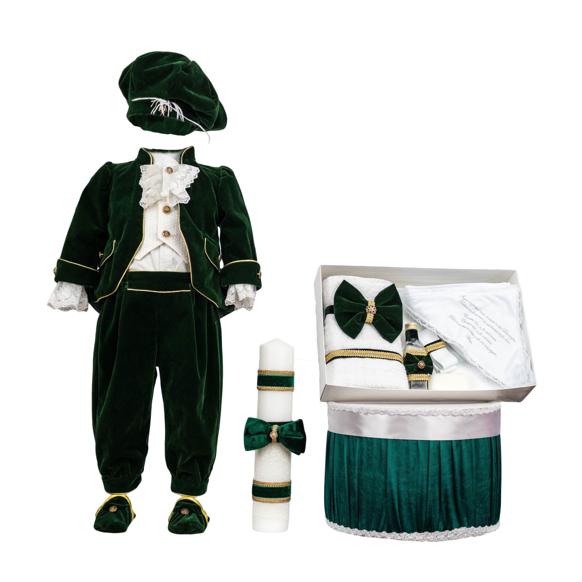 Set botez Printul Fericit din catifea verde, patru piese, varsta 3-6 luni