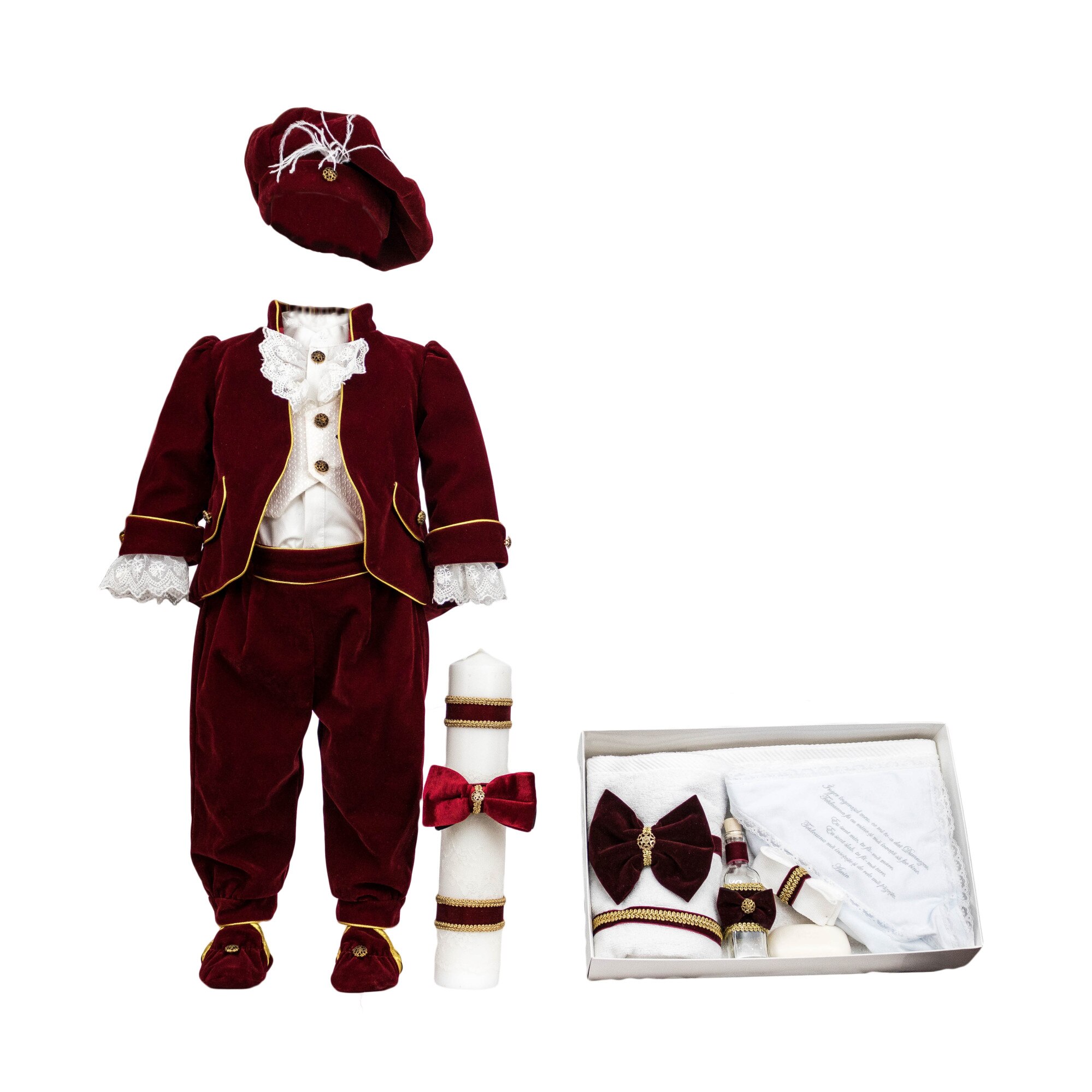 Set botez Printul Fericit din catifea grena, trei piese, varsta 6-9 luni